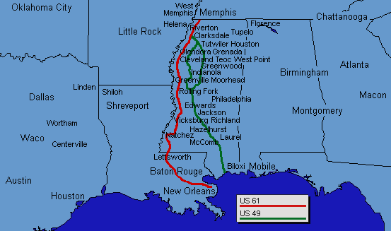 From Memphis south through Mississippi to the Gulf Coast via Highways 61 and 49